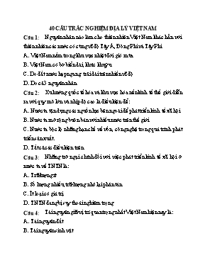 40 Câu hỏi trắc nghiệm Địa lí lớp 12 phần Địa lí Việt Nam